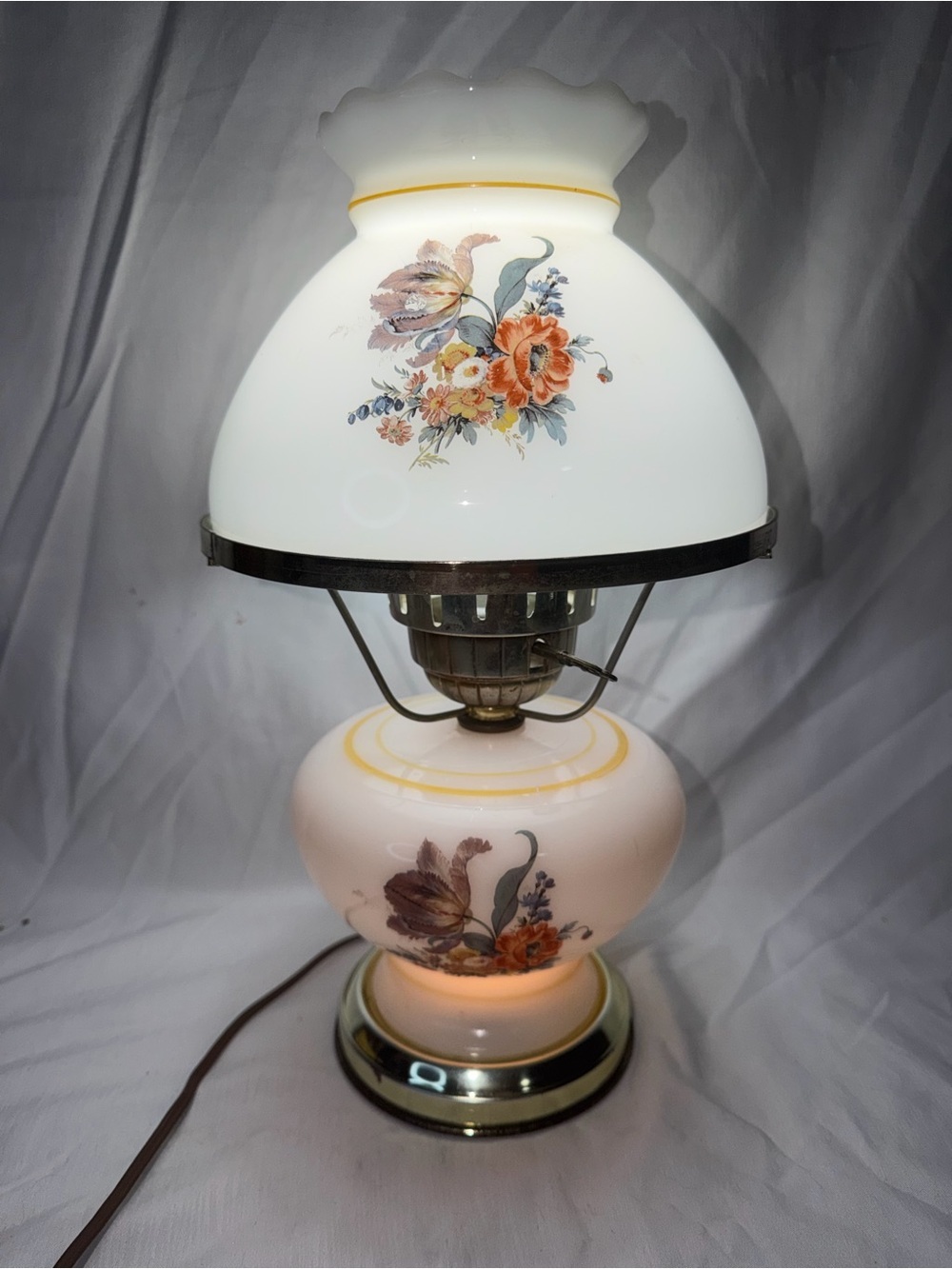 Vintage Floral Milk Glass "Gone With The Wind" Style Hurricane Lamp